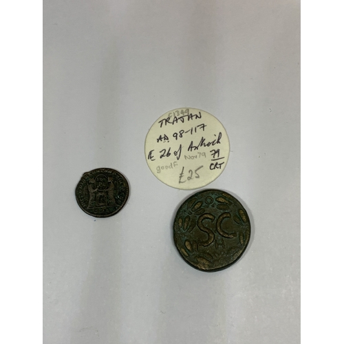 418 - TWO ROMAN COINS, ONE BEING A 26 OF ANTIOCH - PROBVS AND DOMITIAM