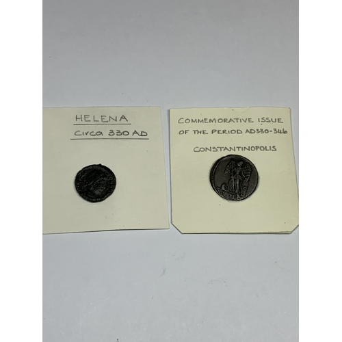 419 - TWO ROMAN COINS, AN ANTONINIANUS AND A COMMEMORATIVE ISSUE OF THE PERIOD AD 330 -346