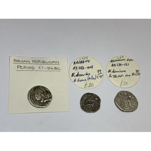 420 - THREE ROMAN DENARIUS COINS - ANTONINUS PIUS, ARCADIUS AND REPUBLICAN 87 TO 86 BC