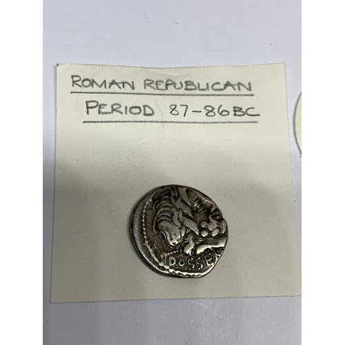 420 - THREE ROMAN DENARIUS COINS - ANTONINUS PIUS, ARCADIUS AND REPUBLICAN 87 TO 86 BC