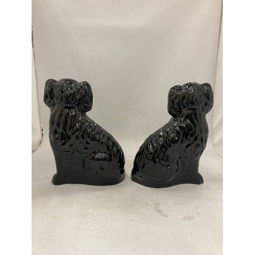 101 - A PAIR OF BLACK STAFFORDSHIRE JACKFIELD STYLE SPANIEL FIGURES - 24.5 CM