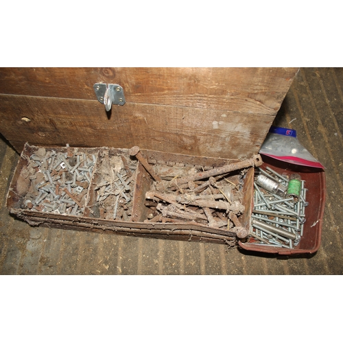 46 - A WOODEN TOOL BOX AND CONTENTS INCLUDING NAILS, SCREWS ETC.  + VAT