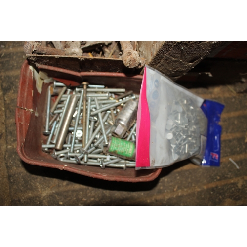 46 - A WOODEN TOOL BOX AND CONTENTS INCLUDING NAILS, SCREWS ETC.  + VAT