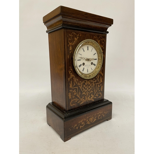 12 - A FRENCH, LATE 19TH CENTURY (M E AND LEVIN, PARIS) ROSEWOOD AND MARQUETRY CHIMING MANTLE CLOCK WITH ... 