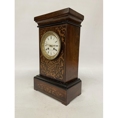 12 - A FRENCH, LATE 19TH CENTURY (M E AND LEVIN, PARIS) ROSEWOOD AND MARQUETRY CHIMING MANTLE CLOCK WITH ... 