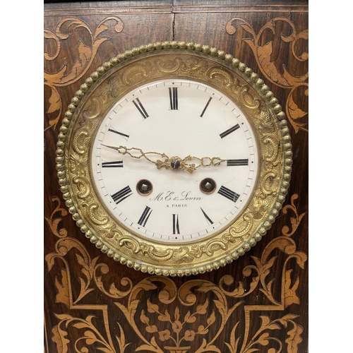 12 - A FRENCH, LATE 19TH CENTURY (M E AND LEVIN, PARIS) ROSEWOOD AND MARQUETRY CHIMING MANTLE CLOCK WITH ... 