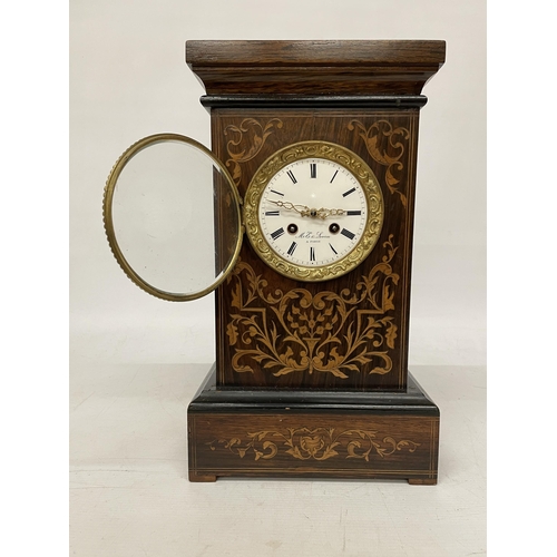 12 - A FRENCH, LATE 19TH CENTURY (M E AND LEVIN, PARIS) ROSEWOOD AND MARQUETRY CHIMING MANTLE CLOCK WITH ... 