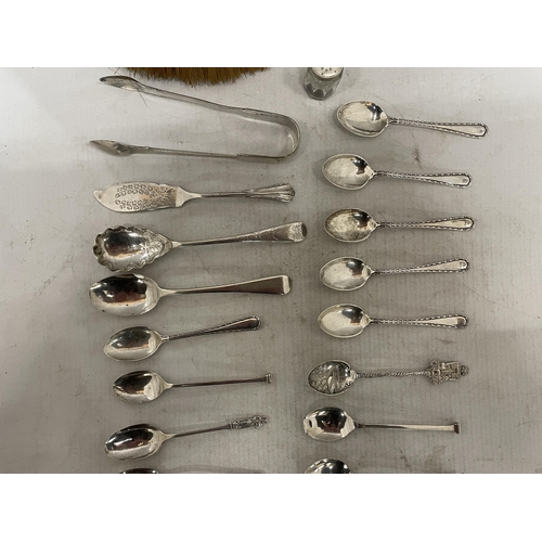 21 - TWENTY TWO PIECES OF HALLMARKED SILVER, MAINLY SPOONS, TO INCLUDE APOSTLE SPOONS, SUGAR TONGS, A HAI... 