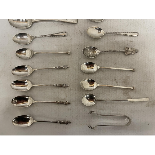 21 - TWENTY TWO PIECES OF HALLMARKED SILVER, MAINLY SPOONS, TO INCLUDE APOSTLE SPOONS, SUGAR TONGS, A HAI... 