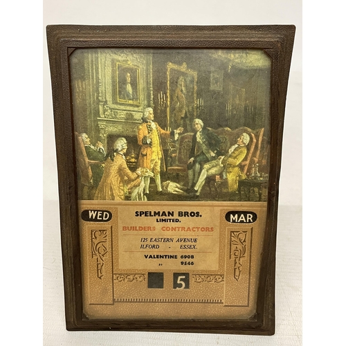 24 - A VINTAGE FRAMED PERPETUAL CALENDAR ADVERTISING SPELMAN BROS., ILFORD, ESSEX, 12CM X 17CM