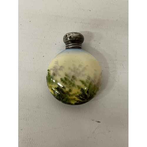 35 - A LATE 19TH CENTURY CERAMIC SCENT BOTTLE WITH LADY DECORATION WITH A HALLMARKED BIRMINGHAM SILVER TO... 