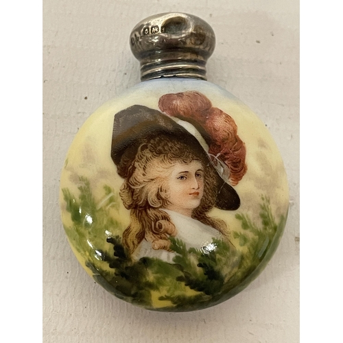 35 - A LATE 19TH CENTURY CERAMIC SCENT BOTTLE WITH LADY DECORATION WITH A HALLMARKED BIRMINGHAM SILVER TO... 