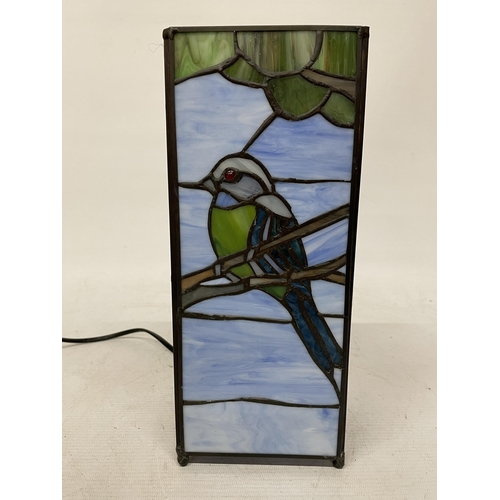 42 - A TIFFANY STYLE RETANGULAR LAMP WITH BIRD IMAGES, HEIGHT 28CM