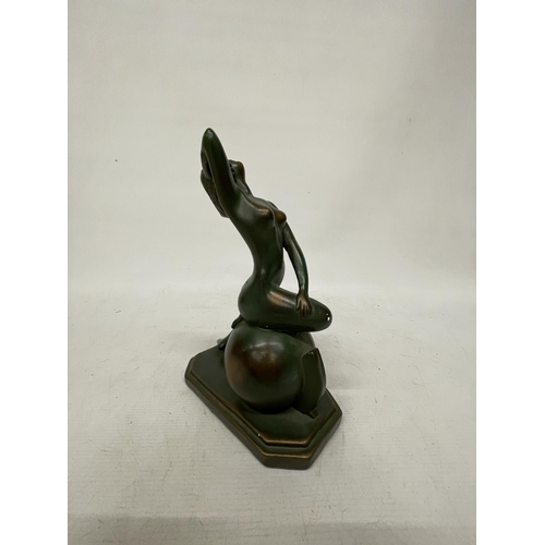 46 - AN ART DECO STYLE FIGURE OF A NUDE LADY DANCER WITH A BRONZED FINISH, HEIGHT 27CM