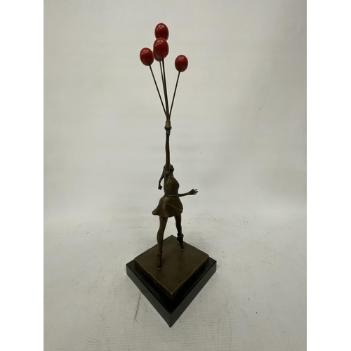 48 - A BRONZE SCULPTURE OF A GIRL WITH RED BALLOONS ON A MARBLE BASE - INSPIRED BY BANKSY, HEIGHT APPROX ... 