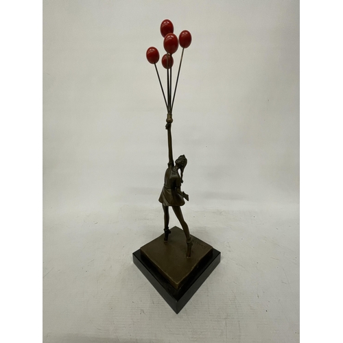 48 - A BRONZE SCULPTURE OF A GIRL WITH RED BALLOONS ON A MARBLE BASE - INSPIRED BY BANKSY, HEIGHT APPROX ... 