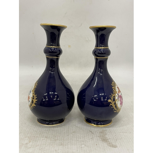 5 - A PAIR OF MEISSEN PORCELAIN VASES, COBALT BLUE WITH FLORAL BOUQUET AND GILT FILIGREE DECORATION, WIT... 