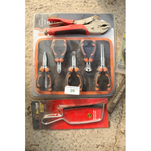 26 - A BRAZING TORCH AND GAS, PLIERS, HACK SAW ETC.  + VAT