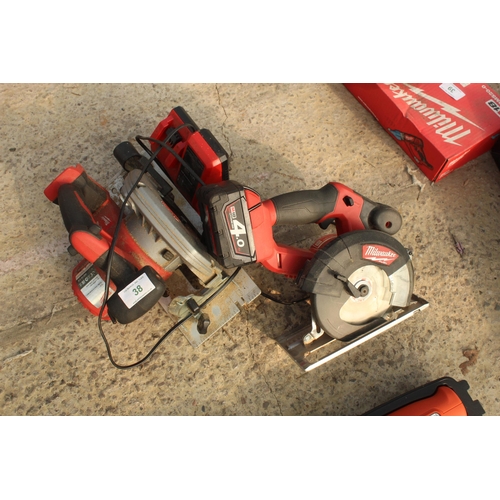 38 - A MILWAUKEE SMALL CIRCULAR SAW AND LARGE CIRCULAR SAW, CHARGER AND BATTERY  + VAT