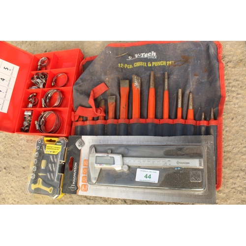 44 - A SELECTION OF TOOLS, MAGNUSSON ELECTRICAL MEASURER, CHISELS AND SCREWDRIVER  + VAT