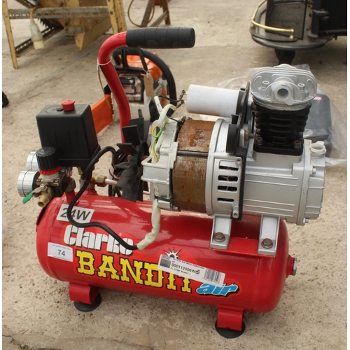 74 - A CLARKE BANDIT V 4.2 CFM 8 LTR 1 HP AIR COMPRESSOR 230 V  NO VAT