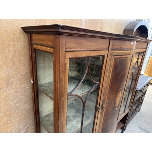 3245 - AN EDWARDIAN MAHOGANY AND INLAID SHERATON REVIVAL BOW FRONTED CHINA CABINET ON OPEN BASE WITH TAPERI... 