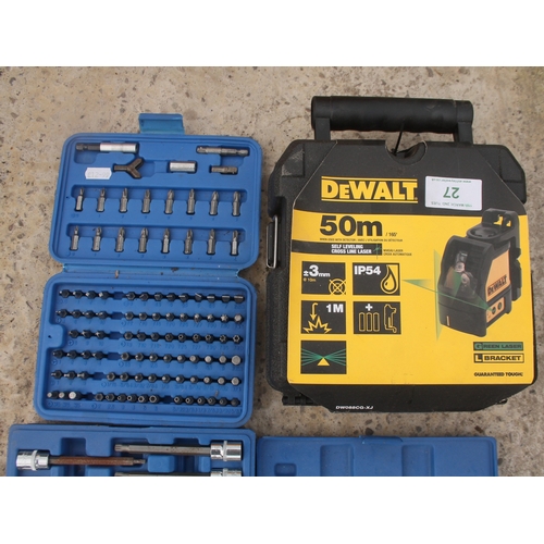 27 - A NEW DEWALT LASER LINE AND 2 BOXES OF SOCKET ALLEN KEYS, STARS AND SCREW BITS  + VAT