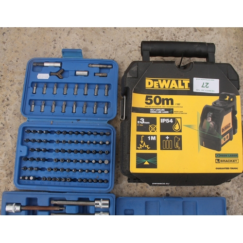 27 - A NEW DEWALT LASER LINE AND 2 BOXES OF SOCKET ALLEN KEYS, STARS AND SCREW BITS  + VAT