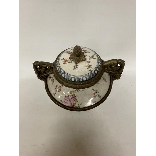 1 - A LARGE PORCELAIN URN WITH BRONZE ACCENTS, POSSIBLY CHINESE.  FEATURING A FLORAL DESIGN WITH ANIMAL ... 