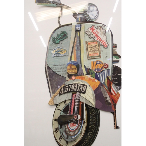 55 - A LARGE FRAMED 3-D STYLE PICTURE OF A VESPA SCOOTER, 72CM X 90CM