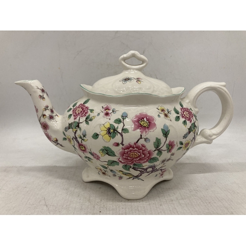 136 - A JAMES KENT OLD FOLEY CHINESE ROSE LARGE TEAPOT, MILK JUG, SUGAR BOWL AND HOT WATER JUG