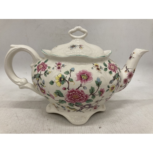 136 - A JAMES KENT OLD FOLEY CHINESE ROSE LARGE TEAPOT, MILK JUG, SUGAR BOWL AND HOT WATER JUG