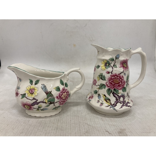 136 - A JAMES KENT OLD FOLEY CHINESE ROSE LARGE TEAPOT, MILK JUG, SUGAR BOWL AND HOT WATER JUG