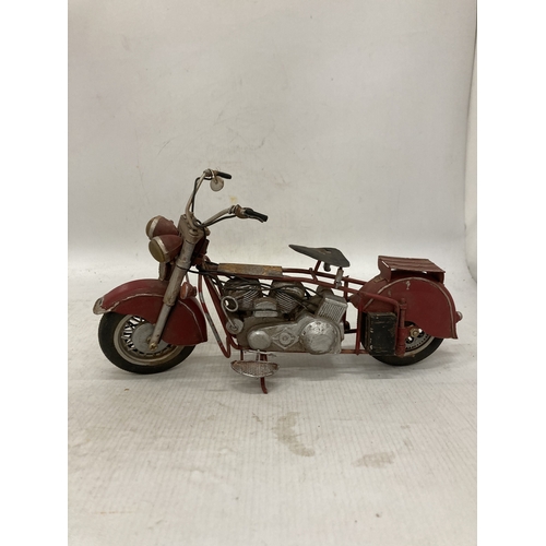 223 - A VINTAGE STYLE RED METAL MOTORBIKE, HEIGHT 14CM, LENGTH 30CM