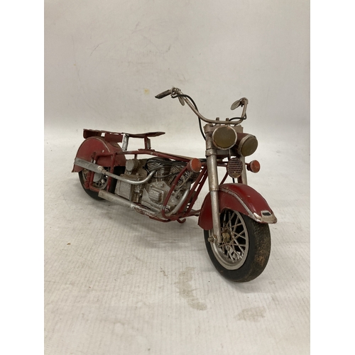 223 - A VINTAGE STYLE RED METAL MOTORBIKE, HEIGHT 14CM, LENGTH 30CM