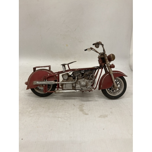 223 - A VINTAGE STYLE RED METAL MOTORBIKE, HEIGHT 14CM, LENGTH 30CM