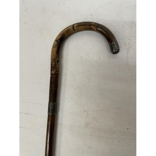 235 - A WALKING CANE WITH A SILVER COLLAR