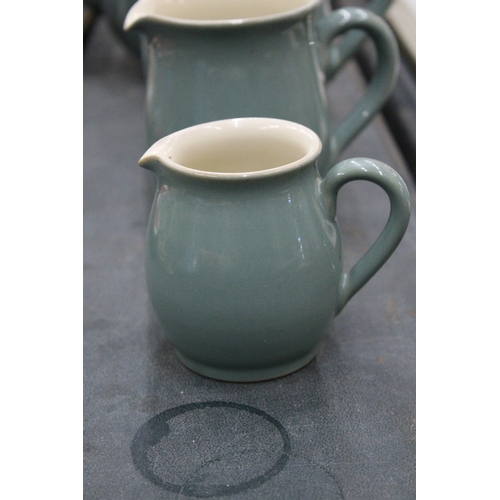 259 - FIVE PIECES OF DENBY STONEWARE IN MOSS GREEN TO INCLUDE A TEAPOT AND FOUR GRADUATED JUGS