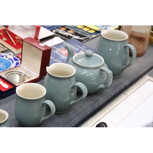 259 - FIVE PIECES OF DENBY STONEWARE IN MOSS GREEN TO INCLUDE A TEAPOT AND FOUR GRADUATED JUGS