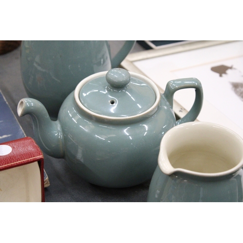 259 - FIVE PIECES OF DENBY STONEWARE IN MOSS GREEN TO INCLUDE A TEAPOT AND FOUR GRADUATED JUGS