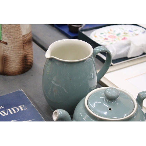 259 - FIVE PIECES OF DENBY STONEWARE IN MOSS GREEN TO INCLUDE A TEAPOT AND FOUR GRADUATED JUGS