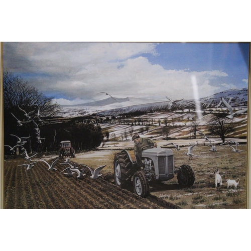 310 - TWO FRAMED FARMING PRINTS - WINTER PLOUGHING AND A FAMILY AFFAIR BY RAY HUTCHINS