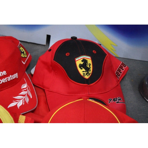 360 - FOUR FERRARI BASE BALL CAPS AND A FERRARI FLAG