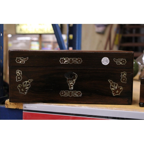 380 - A ROSEWOOD AND MOTHER OF PEARL SEWING BOX TOGETHER WITH A SMALL MUSICAL BOX