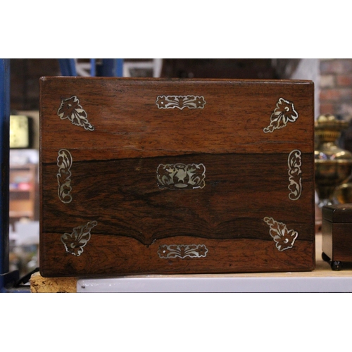 380 - A ROSEWOOD AND MOTHER OF PEARL SEWING BOX TOGETHER WITH A SMALL MUSICAL BOX