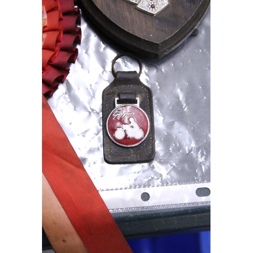 391A - A B.S.A. MOTORCYCLE SHIELD, KEY RING AND ROSETTE