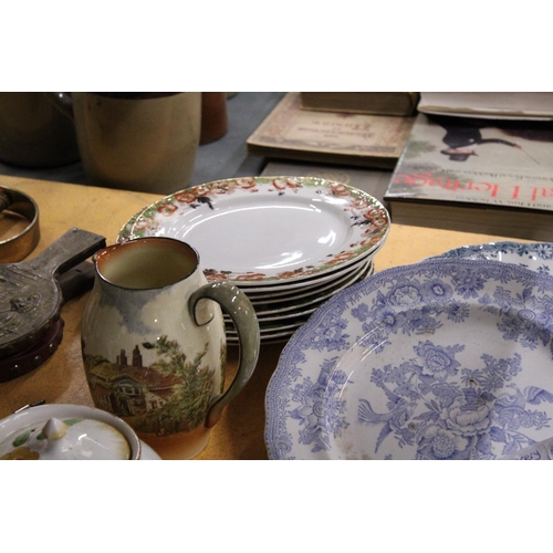 393 - A QUANTITY OF CERAMICS TO INCLUDE A ROYAL DOULTON JUG WITH A COTTAGE SCENE, STRATFORD IMPERIAL CHINA... 