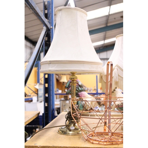 408 - A VINTAGE BRASS LAMP BASE WITH SHADE TOGETHER WITH AN ONYX LAMP BASE WITH SHADE, ETC.,