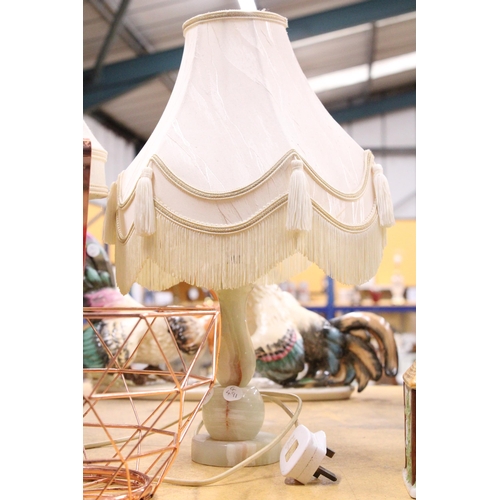 408 - A VINTAGE BRASS LAMP BASE WITH SHADE TOGETHER WITH AN ONYX LAMP BASE WITH SHADE, ETC.,