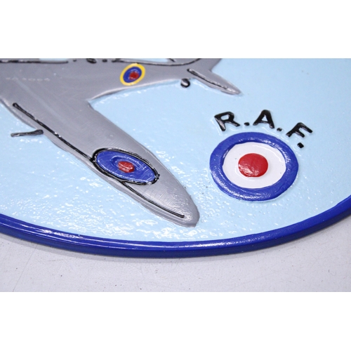 420 - A LIGHT BLUE ALLOY SPITFIRE SIGN, 29CM X 20CM